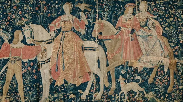 Mounted figures with a small dog in a tapestry detail