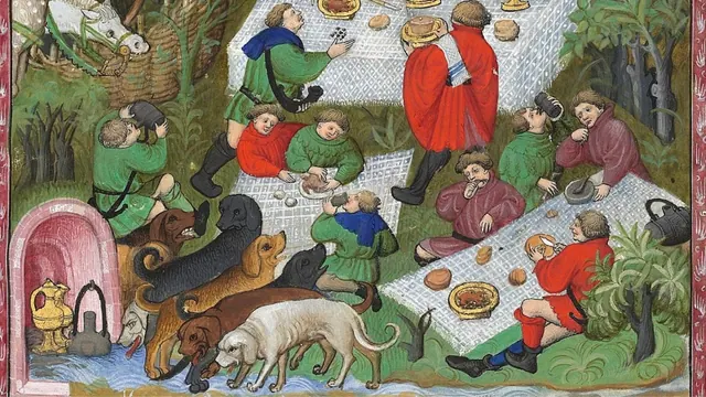 People and hounds beside a spread cloth in a hunting illustration