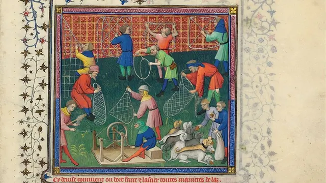 Handlers and dogs in a framed manuscript illustration