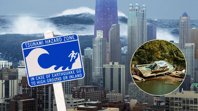 An illustrative composite of a tsunami sign, large waves and city buildings