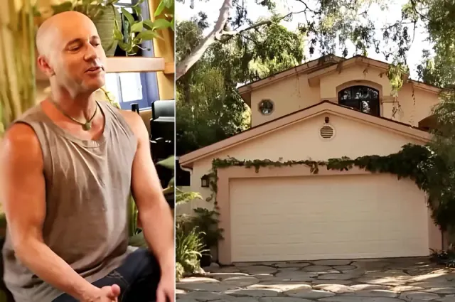 Paired photographs of Peter Cohen and the beige exterior of his home.