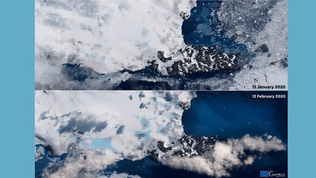 A satellite image comparison showing Antarctic ice and water