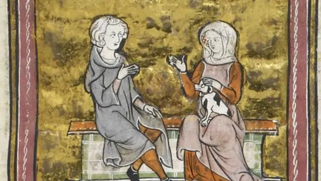 Two seated figures with small animals in an archival illustration