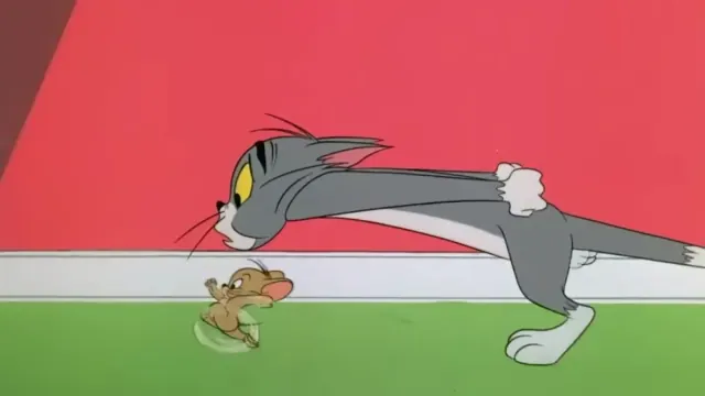An animated image featuring Tom, a large grey cat, and Jerry, a small brown mouse, from the classic cartoon "Tom and Jerry."