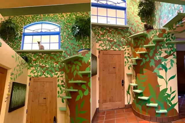 Two views of a leafy painted entryway with green steps and a cat at a high window.