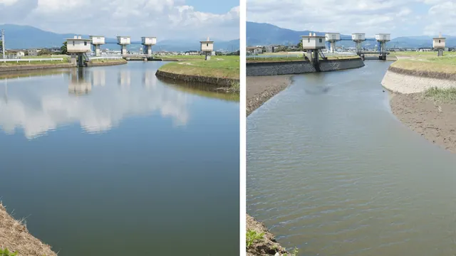 Two archive views of different water levels in a Japanese river