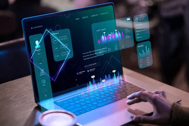 An illustrative digital interface above a laptop, not the research software