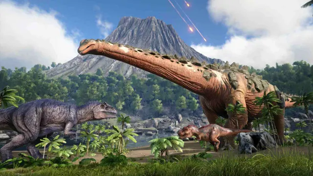 A fictional long-necked dinosaur in a video-game scene