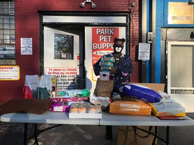 Pet supplies collected outside a storefront