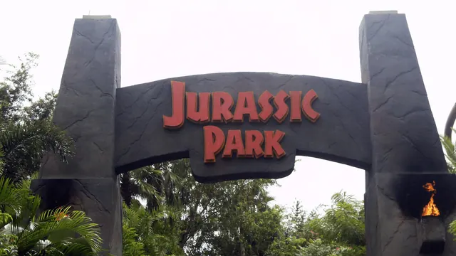 An archive photograph of the Jurassic Park theme park entrance