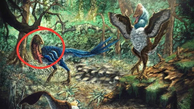 An artist reconstruction of caenagnathid dinosaurs with one animal circled