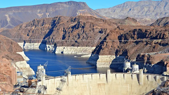 An archive photograph of Hoover Dam and its reservoir