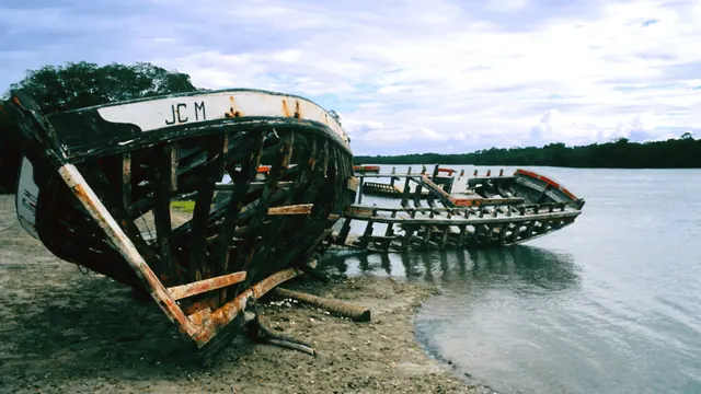 Boats beside a riverbank in an archive photograph from Brazil