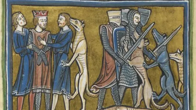 A crowned figure and armed figures in an archival illustration with a dog