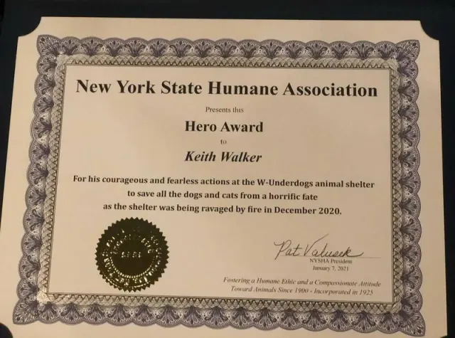 New York State Humane Association Hero Award plaque for Keith Walker