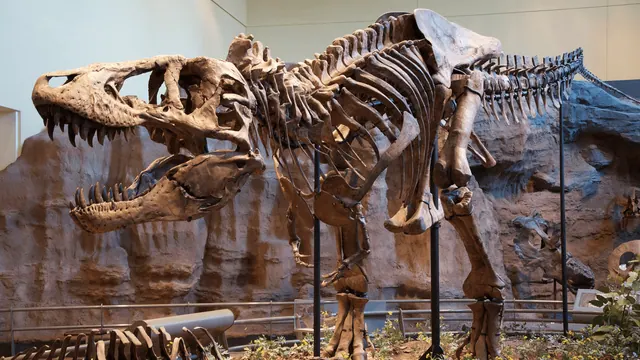 A Tyrannosaurus skeleton in an archive museum photograph