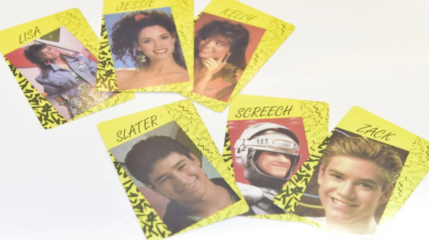 A collection of six character cards from the television show "Saved by the Bell."