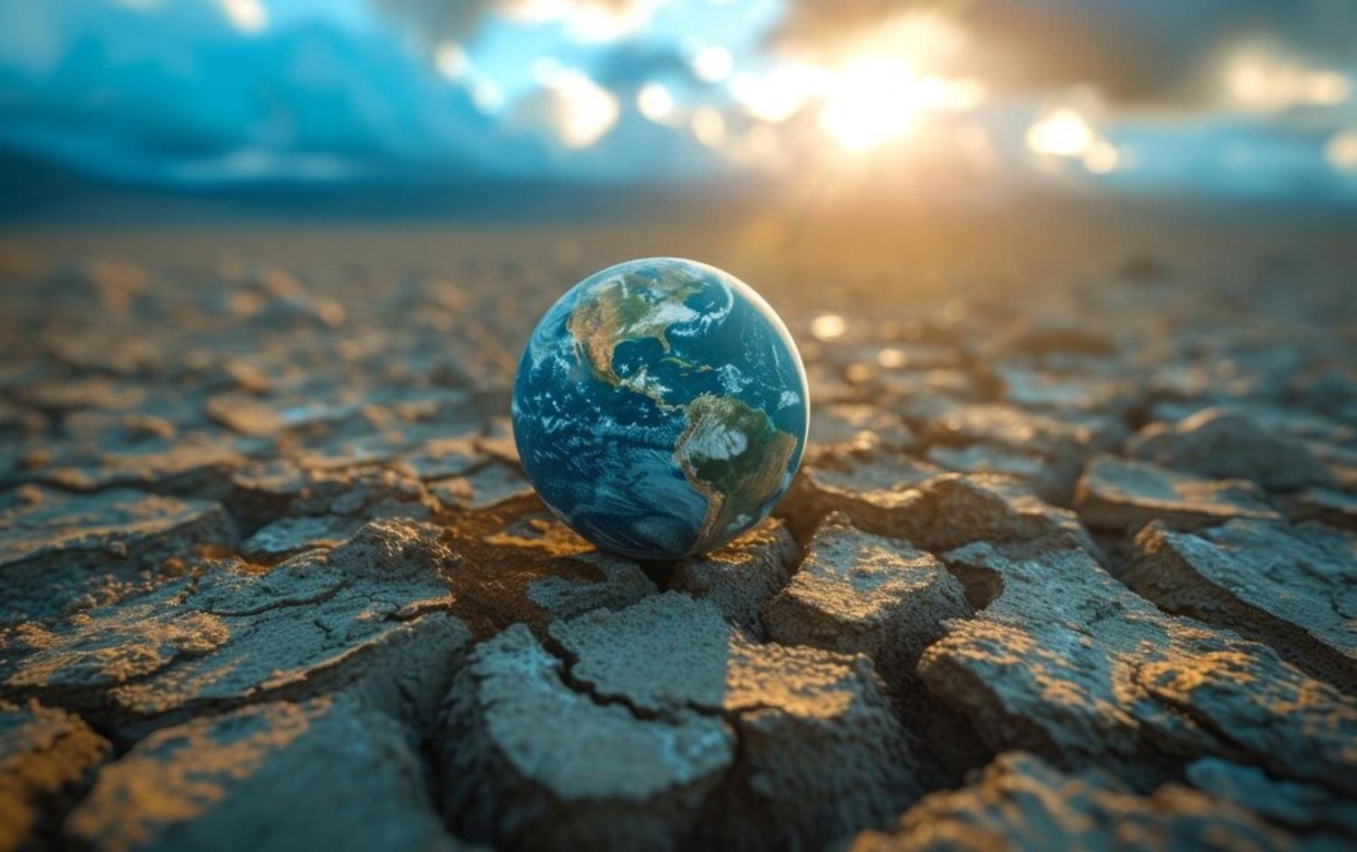An illustrative globe resting on cracked dry ground.