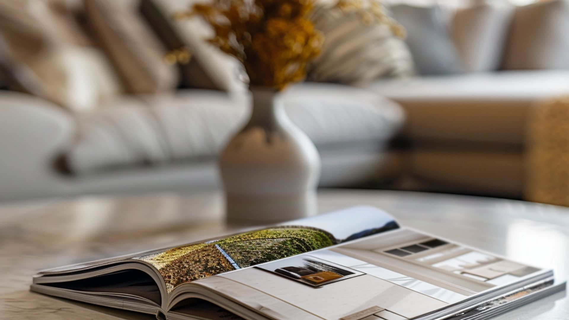 An open interior design magazine on a coffee table in front of a sofa.
