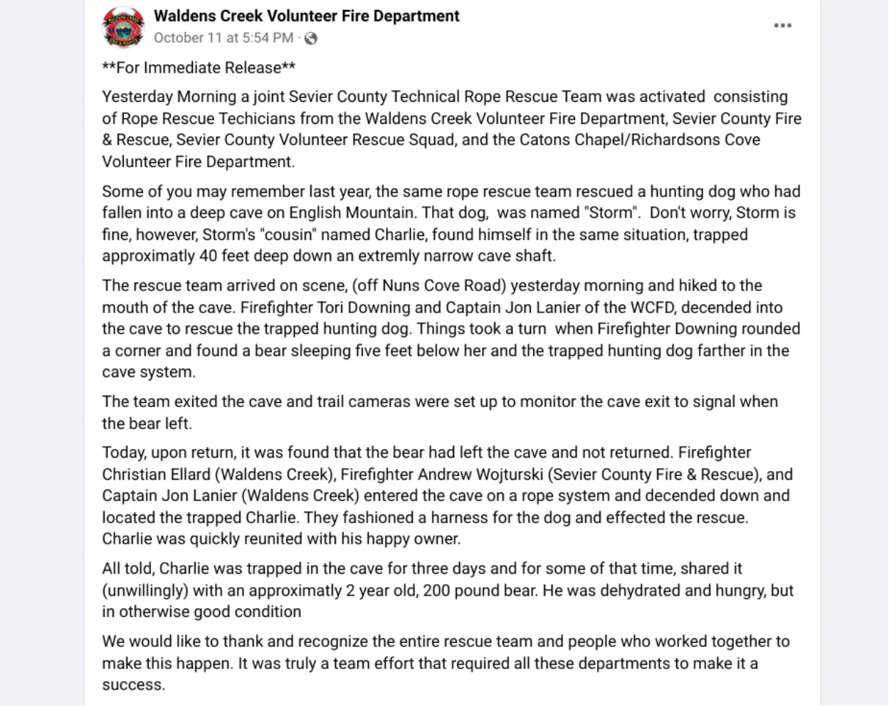 Screenshot of a Facebook post by Walden Creek Volunteer Fire Department
