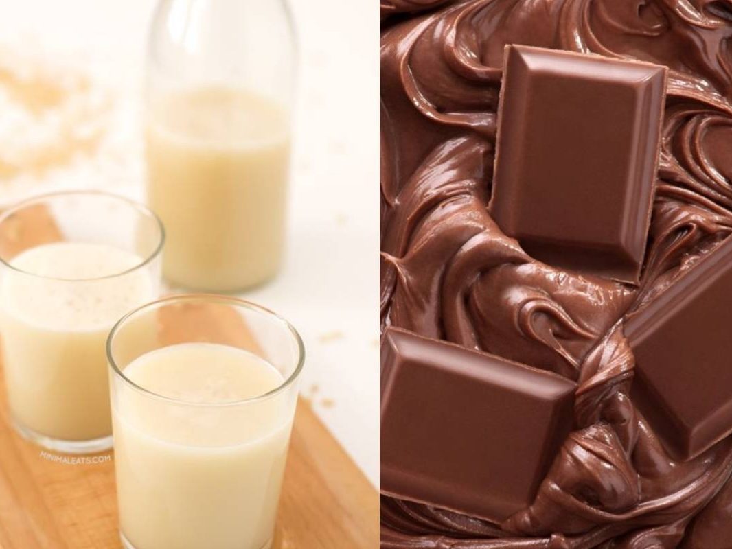A collage of glasses of milk and pieces of chocolate.