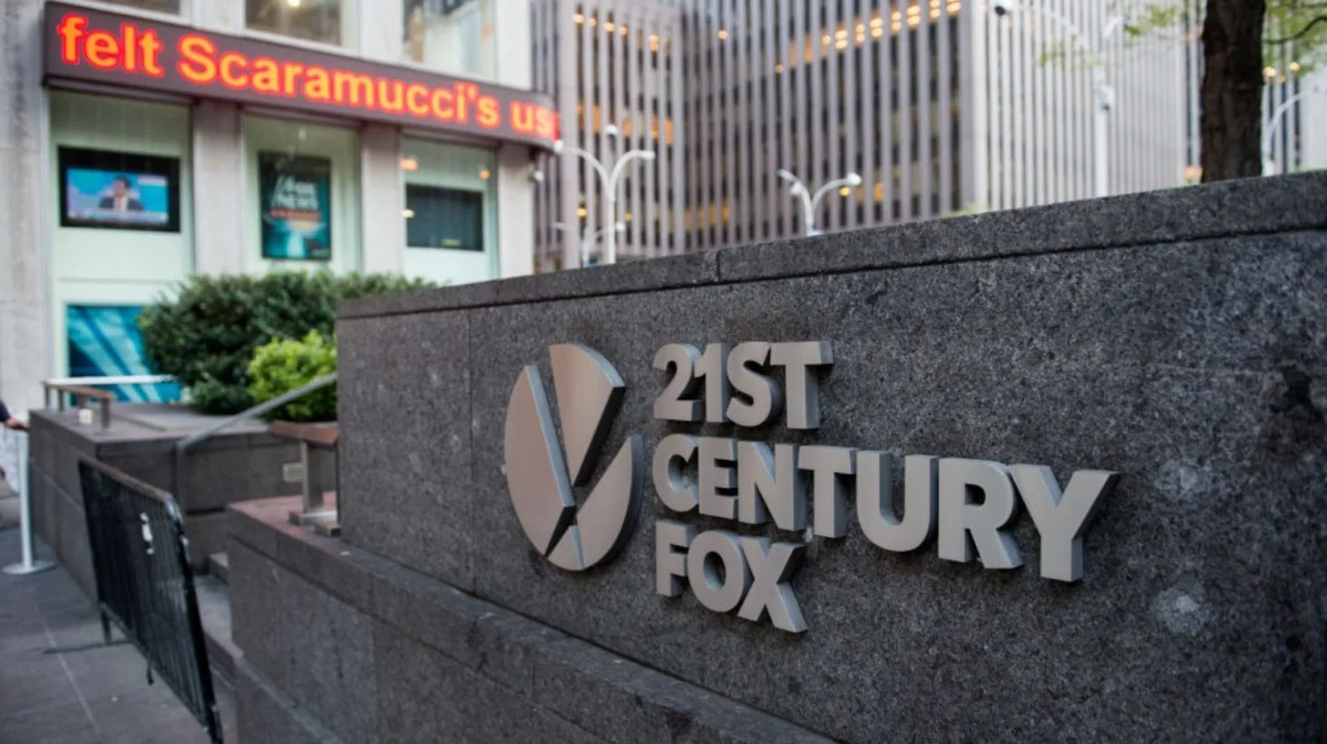 The logo of 21st Century Fox displayed on the exterior of a building