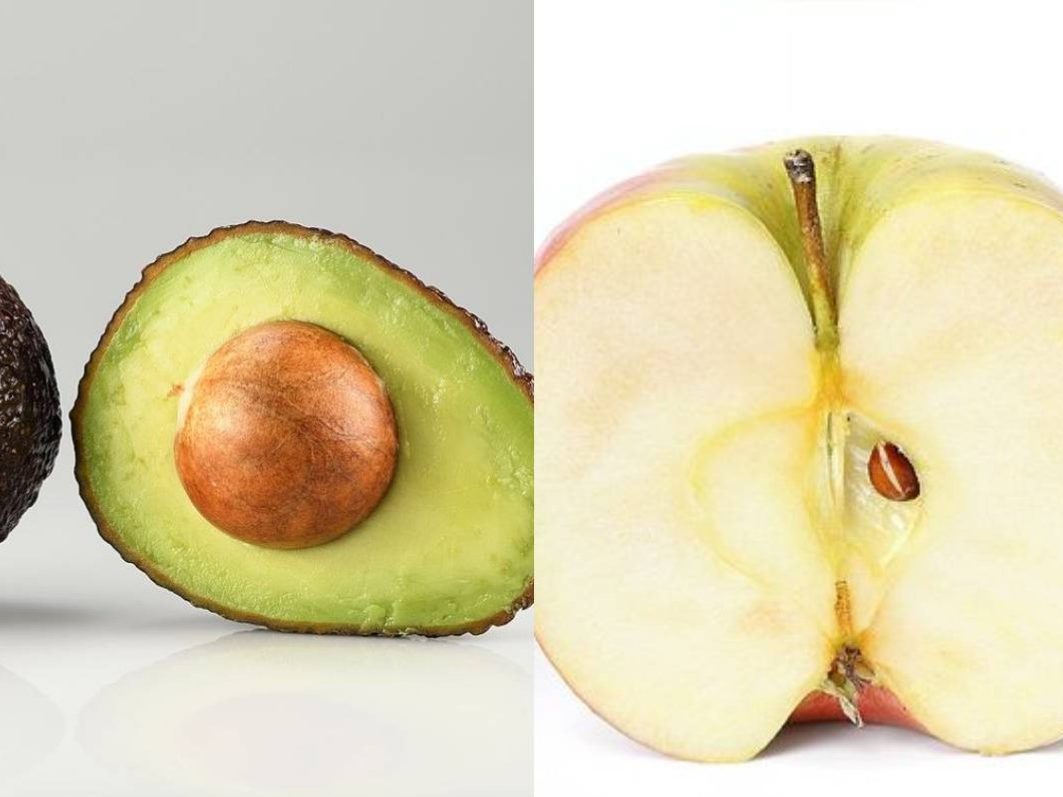 A collage of an avocado half with a pit and an apple half with seeds.
