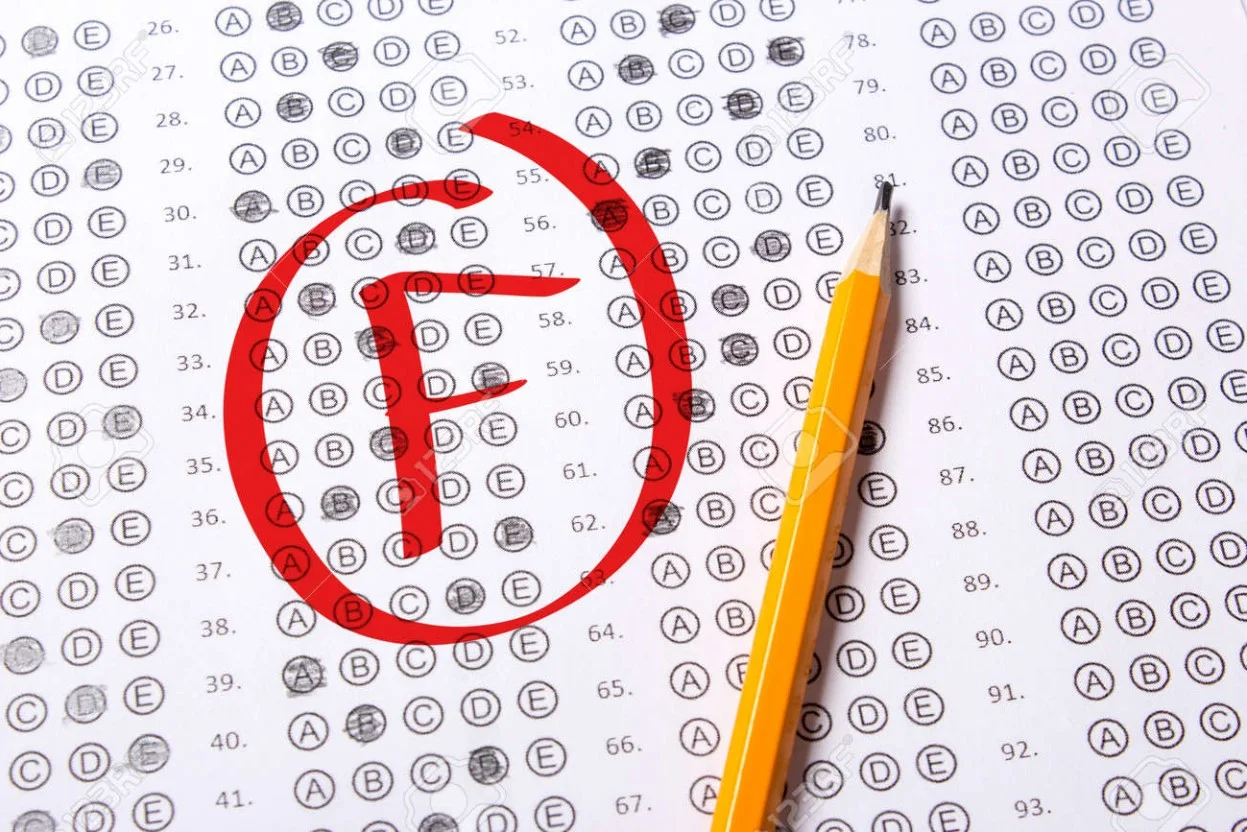 Multiple choice test with a pencil and a large “F” written in red pen
