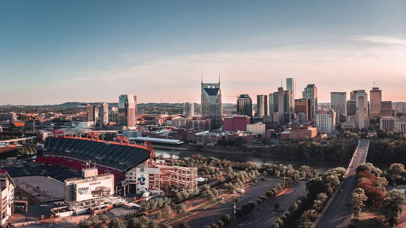 The skyline of downtown Nashville, Tennessee, captured during sunset