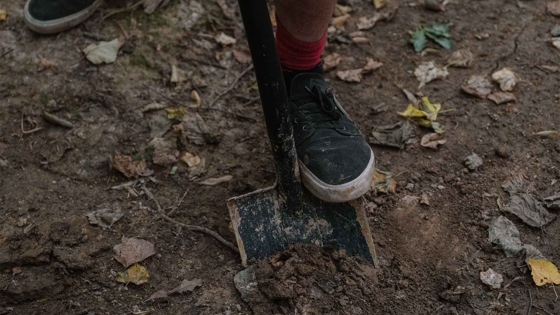 Illustrative photograph of a boot on a spade in soil.