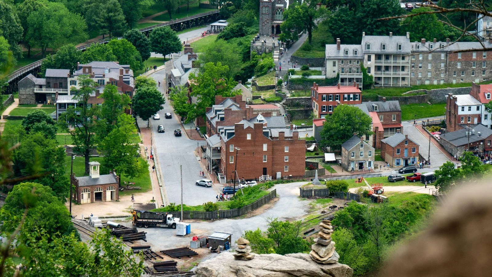 An elevated view of the historic town of Harpers Ferry, West Virginia