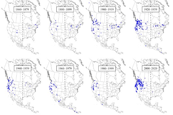 Historical maps of recorded giant lacewing occurrences