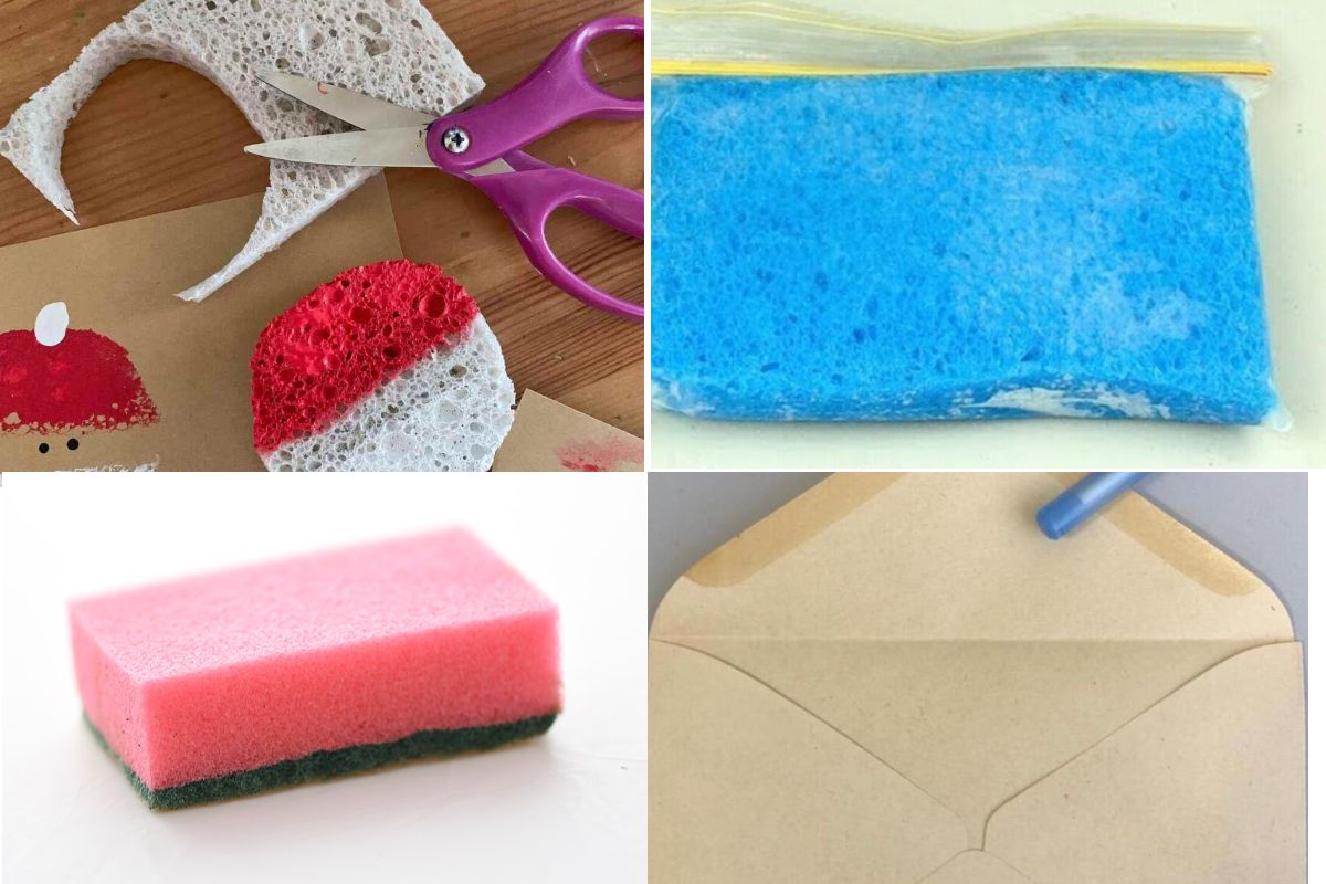 A collage of sponge crafts, a bagged blue sponge and an envelope.