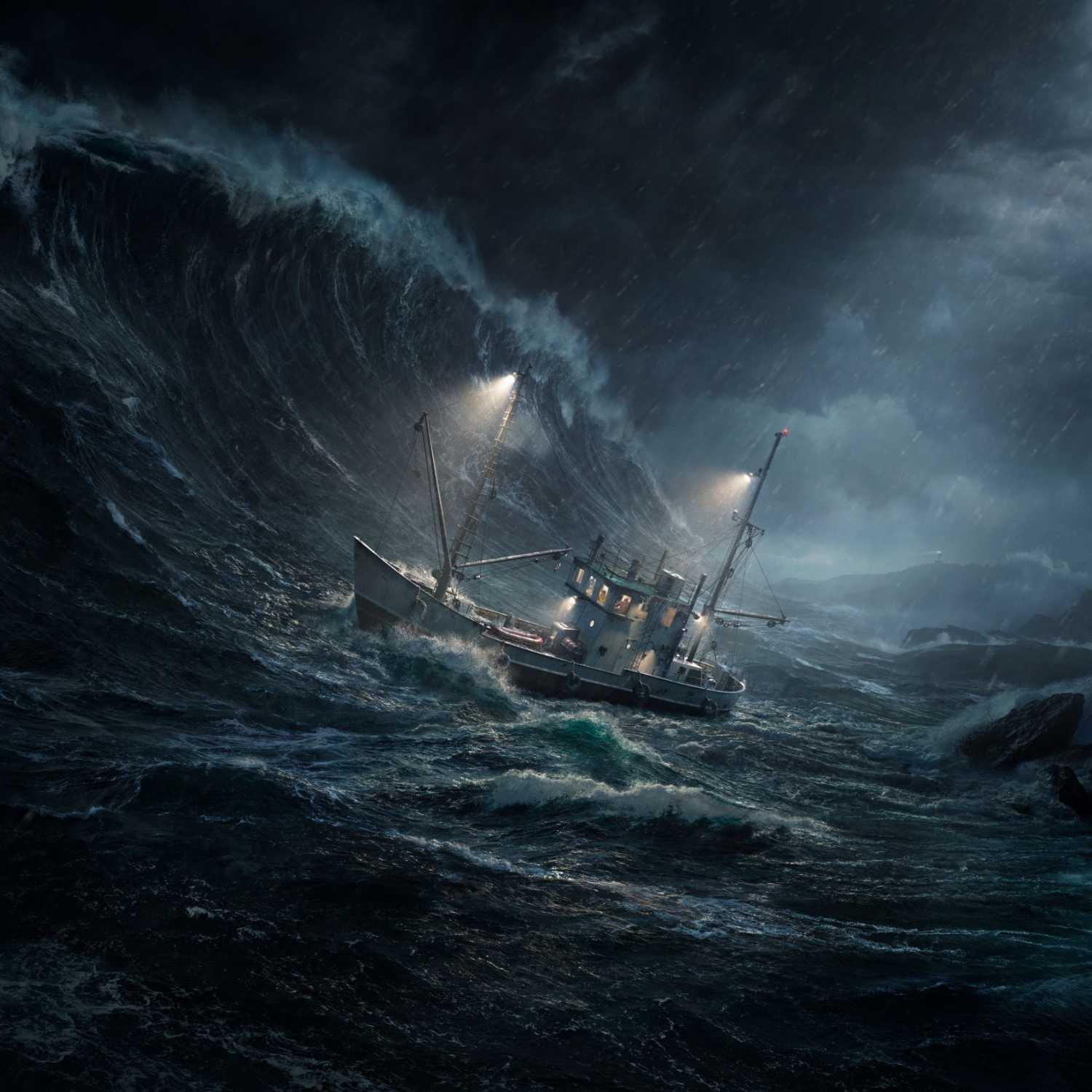 An illustration of a vessel beneath a large wave in a storm.