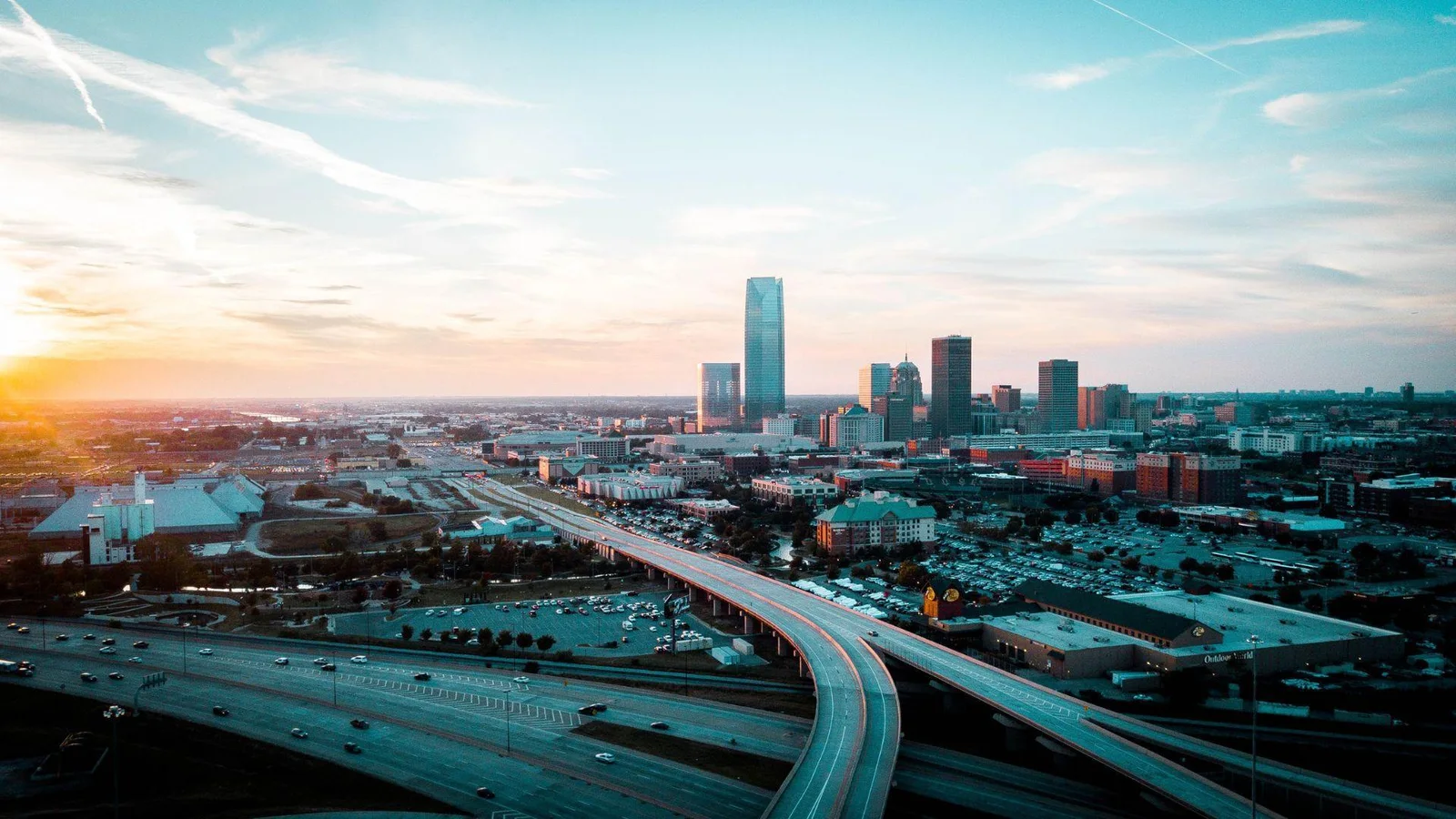 Aerial view of Oklahoma City's skyline during dusk