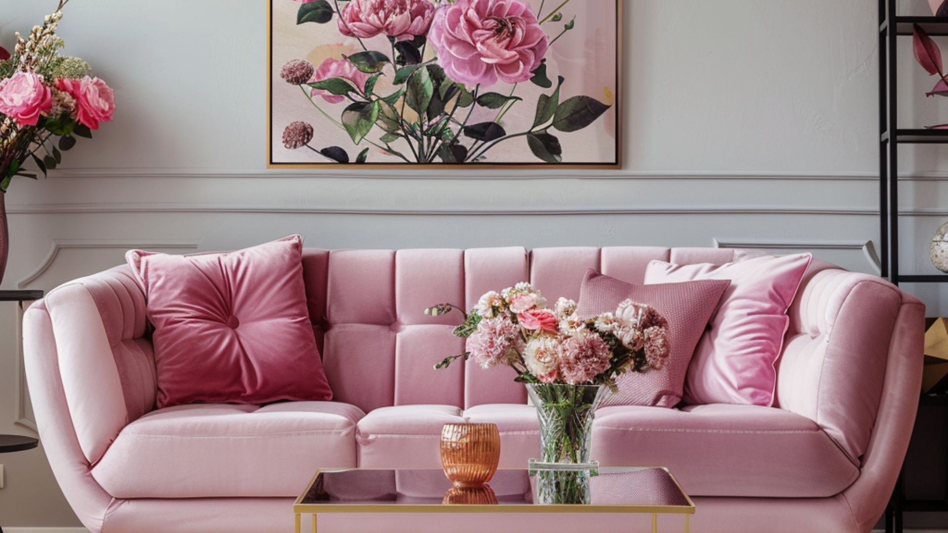 An archived interior illustration showing a pink sofa, floral cushions and framed flower artwork.
