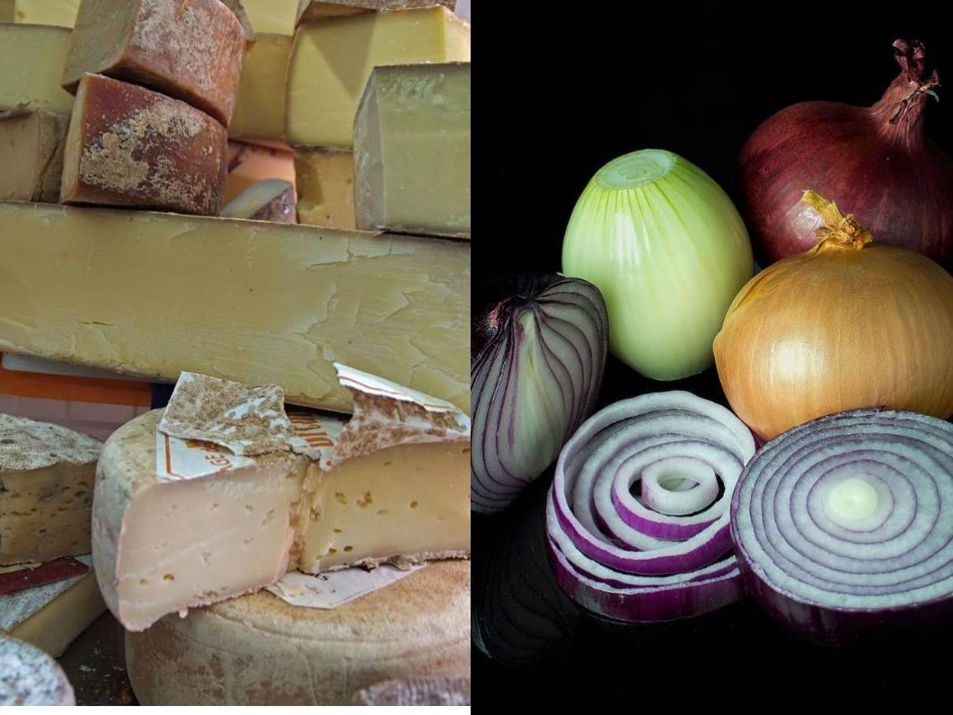 A collage of cheese and sliced onions.