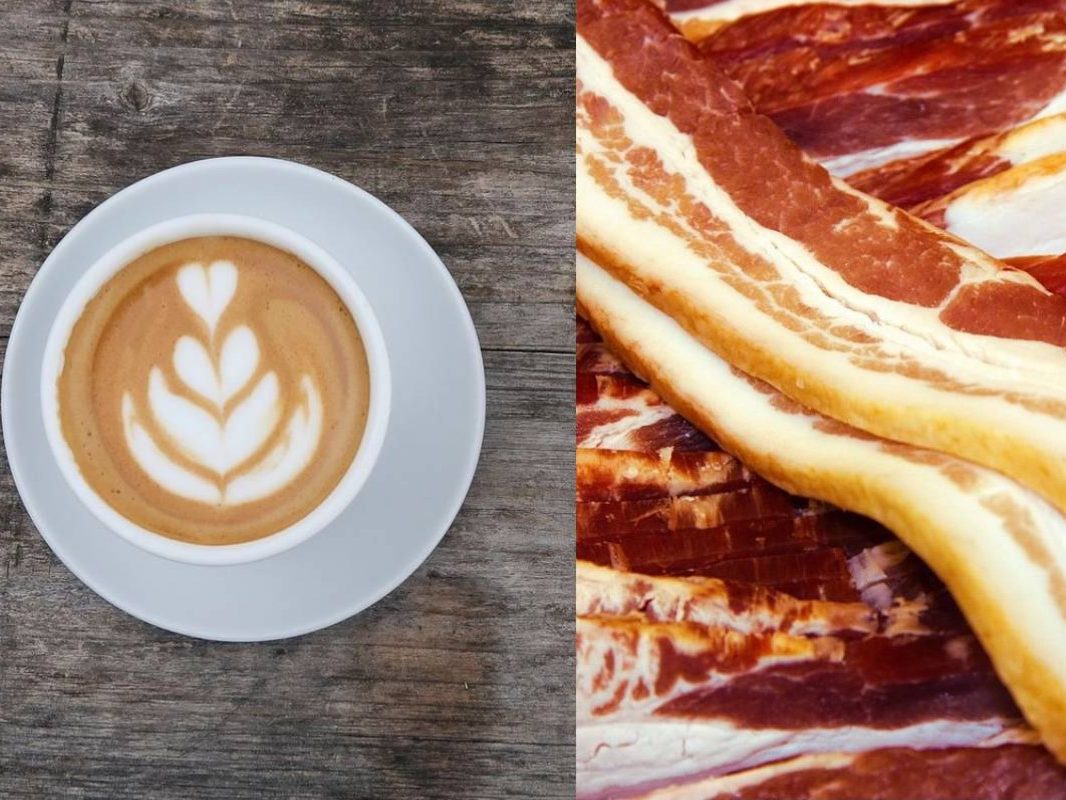 A collage of a cup of coffee and cooked bacon.