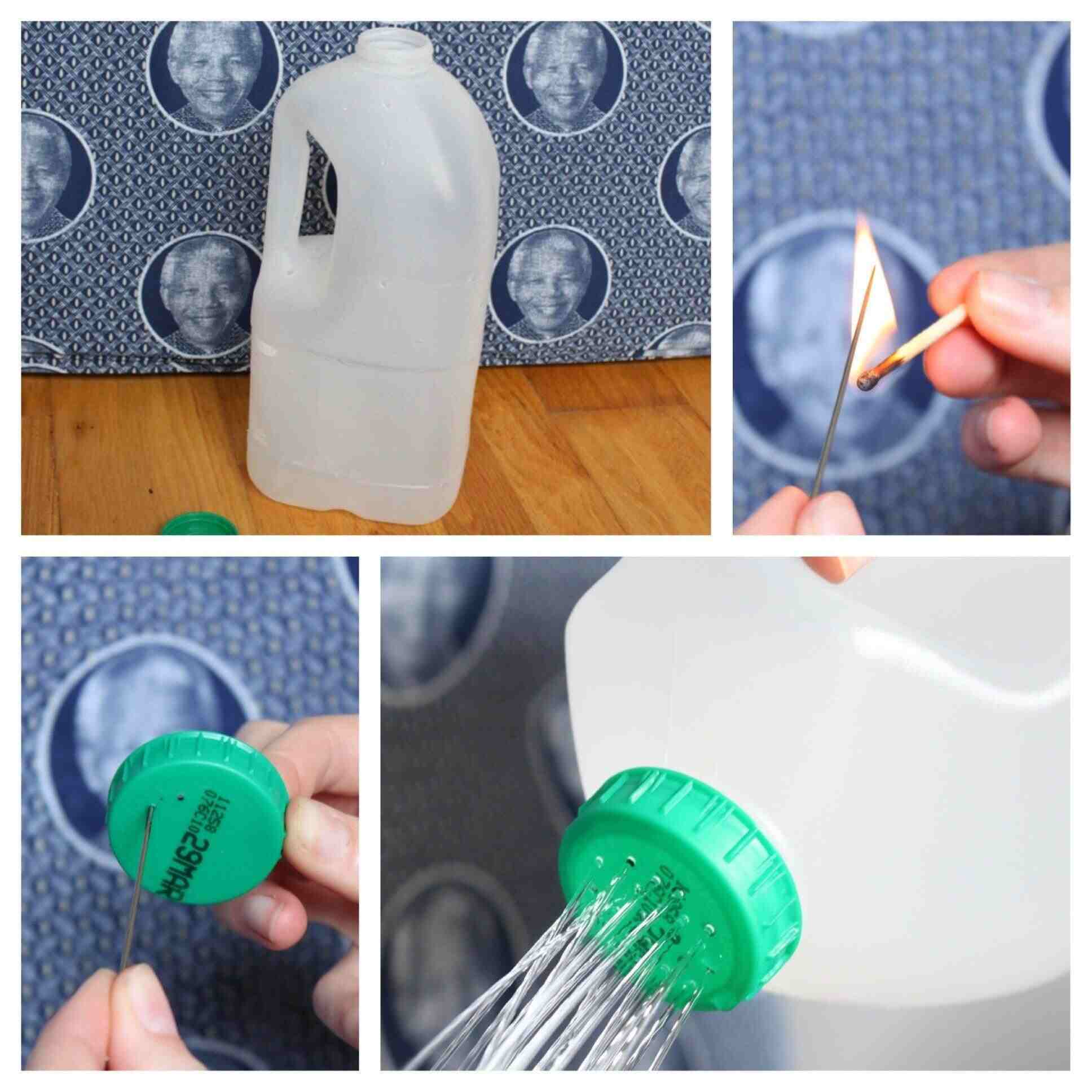 A collage showing holes being made in a milk-jug cap and water flowing through it.