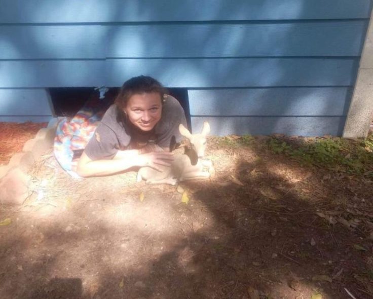 A woman emerging through an opening beneath a house in an archive rescue photograph.
