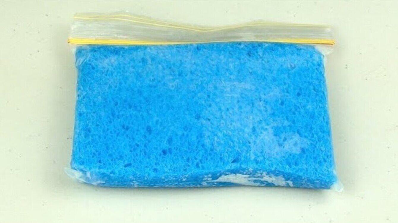 A blue sponge inside a closed clear plastic bag.