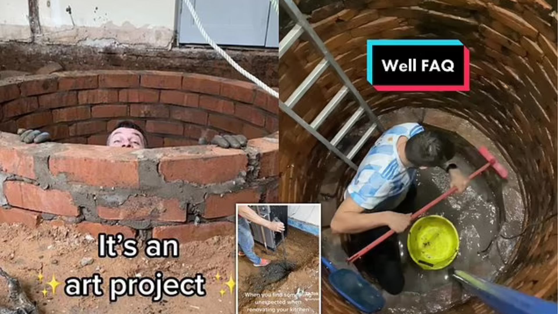 A collage of the family's kitchen-well renovation videos credited to @MortyLad.