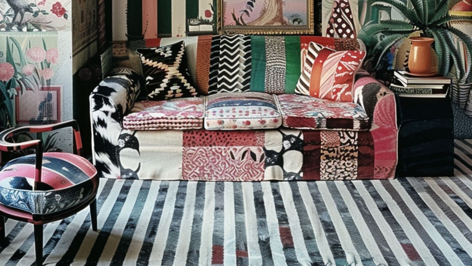 An archived interior illustration showing a patterned sofa and a striped living room rug.